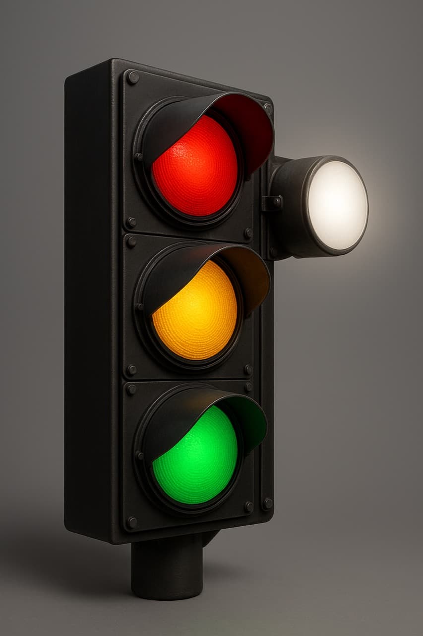 rendering of a traffic signal with an added white warning light beside the red, yellow and green lights
